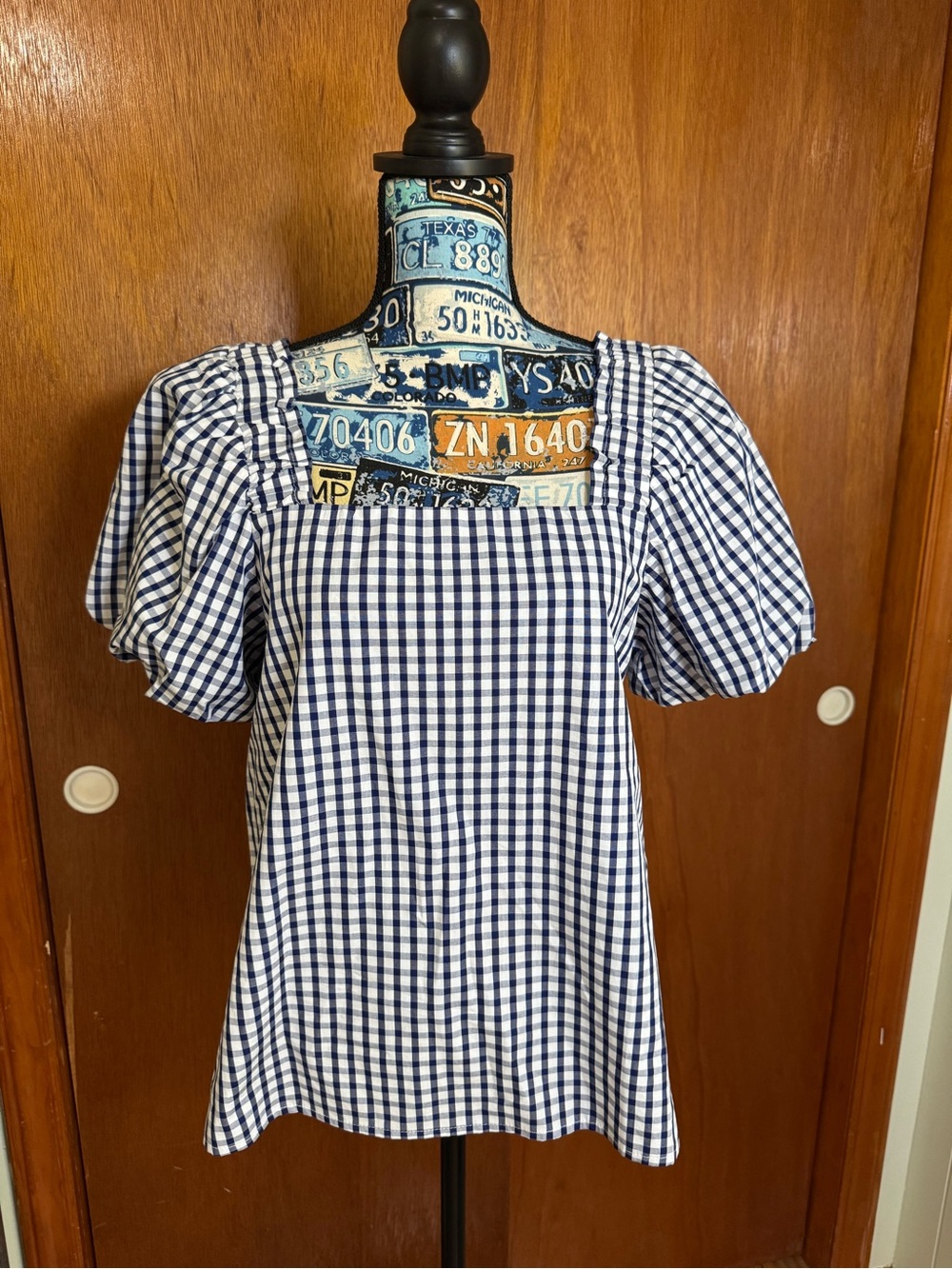 CeCe Gingham Puff-Sleeve Square Neck Top Navy/White Women’s Small